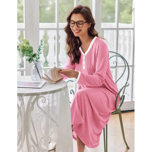 Ekouaer Womens Long Sleeve Nightgown Long Sleepshirts Henley Sleep Dress Full Length Sleepwear S4XLPink