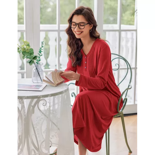 Ekouaer Womens Long Sleeve Nightgown Long Sleepshirts Henley Sleep Dress Full Length Sleepwear S4XLRed