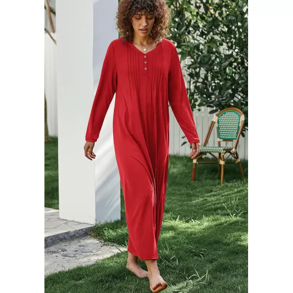 Ekouaer Womens Long Sleeve Nightgown Long Sleepshirts Henley Sleep Dress Full Length Sleepwear S4XLRed