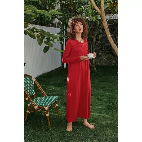 Ekouaer Womens Long Sleeve Nightgown Long Sleepshirts Henley Sleep Dress Full Length Sleepwear S4XLRed