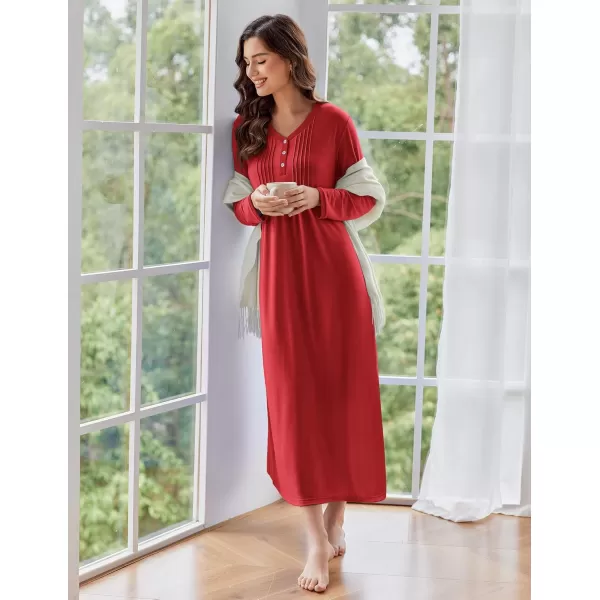 Ekouaer Womens Long Sleeve Nightgown Long Sleepshirts Henley Sleep Dress Full Length Sleepwear S4XLRed