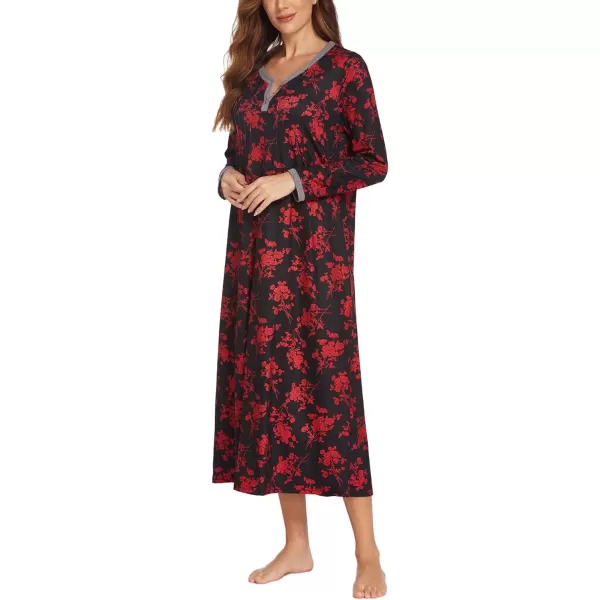 Ekouaer Womens Long Sleeve Nightgown Long Sleepshirts Henley Sleep Dress Full Length Sleepwear S4XLRed Flowers