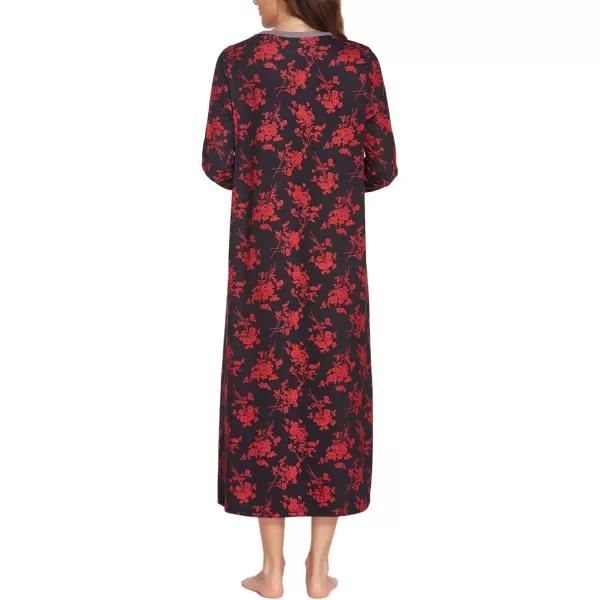 Ekouaer Womens Long Sleeve Nightgown Long Sleepshirts Henley Sleep Dress Full Length Sleepwear S4XLRed Flowers