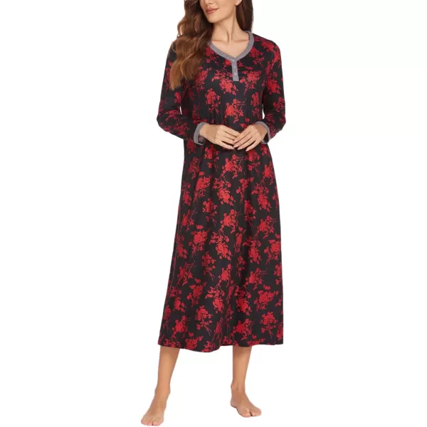 Ekouaer Womens Long Sleeve Nightgown Long Sleepshirts Henley Sleep Dress Full Length Sleepwear S4XLRed Flowers