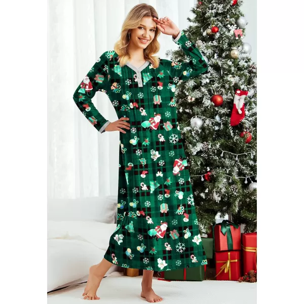 Ekouaer Womens Long Sleeve Nightgown Long Sleepshirts Henley Sleep Dress Full Length Sleepwear S4XLZchristmasgreen Santa