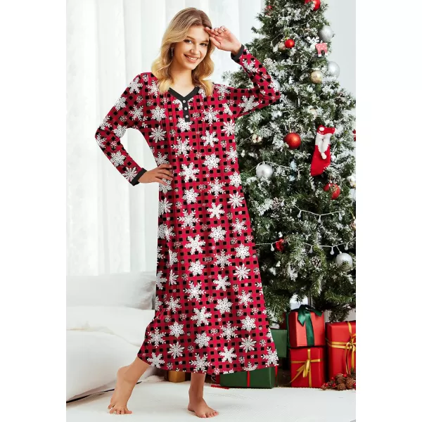 Ekouaer Womens Long Sleeve Nightgown Long Sleepshirts Henley Sleep Dress Full Length Sleepwear S4XLZchristmassnowflake