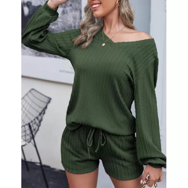 Ekouaer Womens LongSleeve Pajama Set Ribbed Loose Casual Lounge SetArmy Green