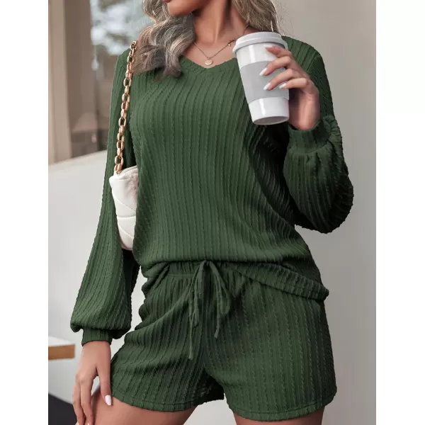 Ekouaer Womens LongSleeve Pajama Set Ribbed Loose Casual Lounge SetArmy Green