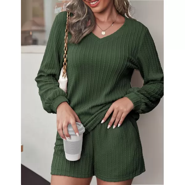 Ekouaer Womens LongSleeve Pajama Set Ribbed Loose Casual Lounge SetArmy Green