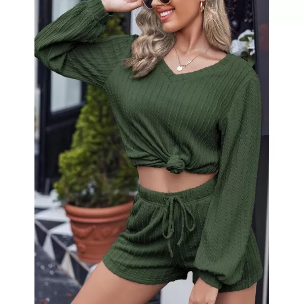 Ekouaer Womens LongSleeve Pajama Set Ribbed Loose Casual Lounge SetArmy Green