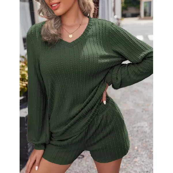 Ekouaer Womens LongSleeve Pajama Set Ribbed Loose Casual Lounge SetArmy Green