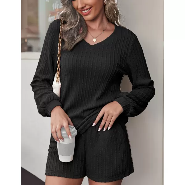 Ekouaer Womens LongSleeve Pajama Set Ribbed Loose Casual Lounge SetBlack