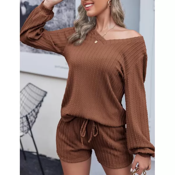 Ekouaer Womens LongSleeve Pajama Set Ribbed Loose Casual Lounge SetBrown