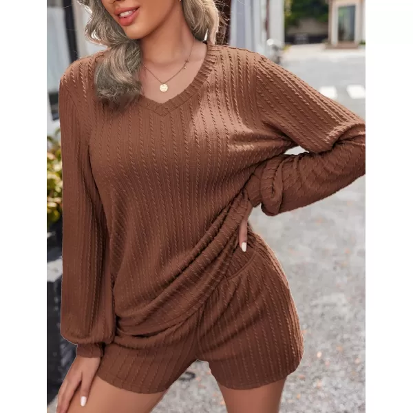 Ekouaer Womens LongSleeve Pajama Set Ribbed Loose Casual Lounge SetBrown