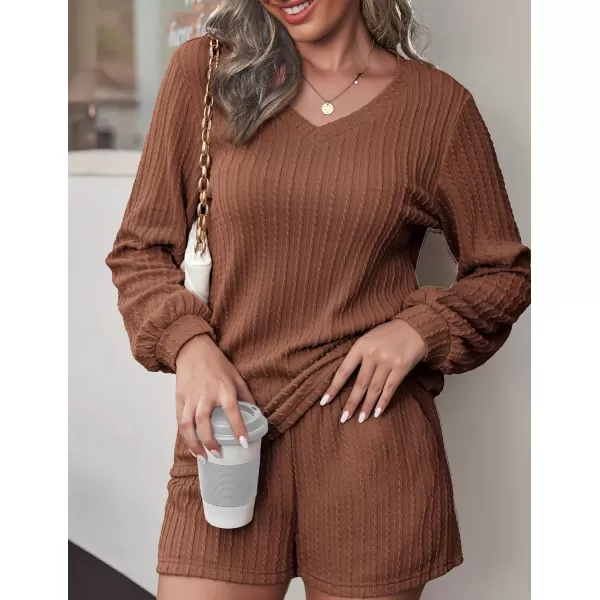 Ekouaer Womens LongSleeve Pajama Set Ribbed Loose Casual Lounge SetBrown