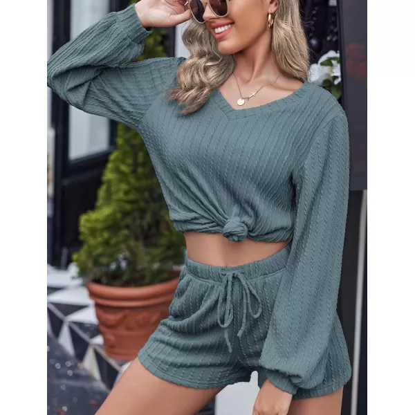 Ekouaer Womens LongSleeve Pajama Set Ribbed Loose Casual Lounge SetDark Blue