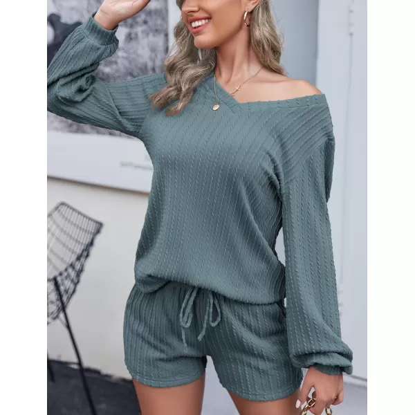 Ekouaer Womens LongSleeve Pajama Set Ribbed Loose Casual Lounge SetDark Blue