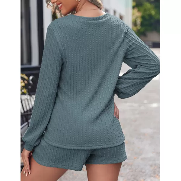 Ekouaer Womens LongSleeve Pajama Set Ribbed Loose Casual Lounge SetDark Blue