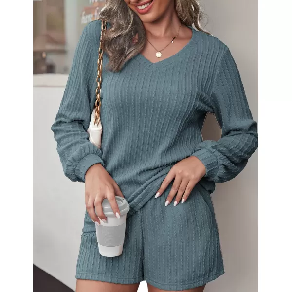 Ekouaer Womens LongSleeve Pajama Set Ribbed Loose Casual Lounge SetDark Blue