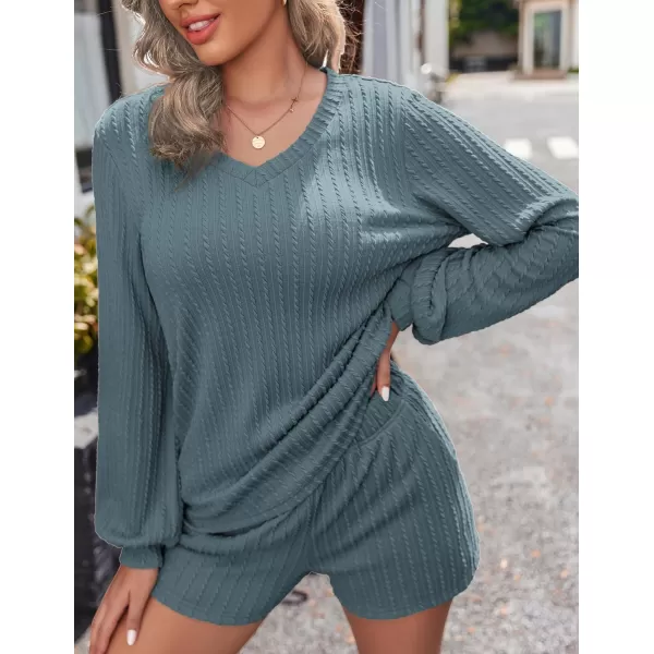 Ekouaer Womens LongSleeve Pajama Set Ribbed Loose Casual Lounge SetDark Blue
