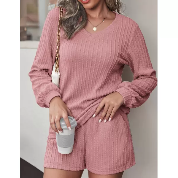 Ekouaer Womens LongSleeve Pajama Set Ribbed Loose Casual Lounge SetDark Pink