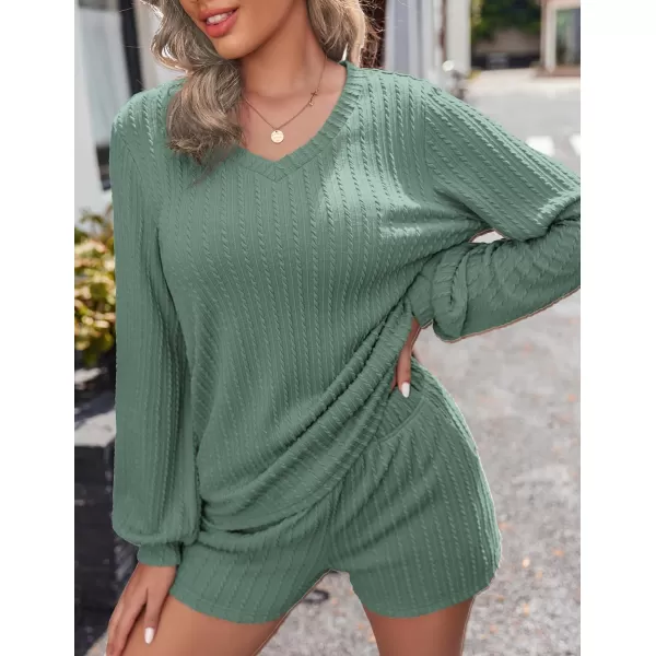 Ekouaer Womens LongSleeve Pajama Set Ribbed Loose Casual Lounge SetGreen