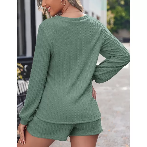 Ekouaer Womens LongSleeve Pajama Set Ribbed Loose Casual Lounge SetGreen