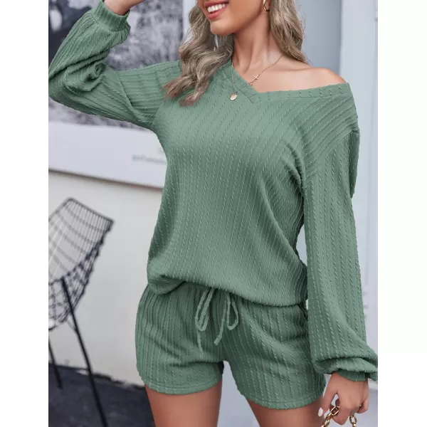 Ekouaer Womens LongSleeve Pajama Set Ribbed Loose Casual Lounge SetGreen