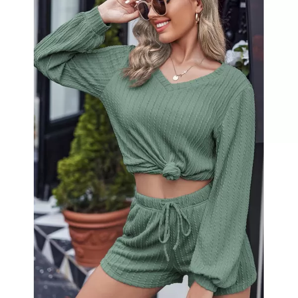 Ekouaer Womens LongSleeve Pajama Set Ribbed Loose Casual Lounge SetGreen