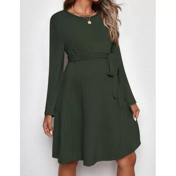 Ekouaer Womens Maternity Dress Rib Knit Long Sleeve Casual Pregnancy Dresses Crewneck Pregnancy Clothes with BeltArmy Green