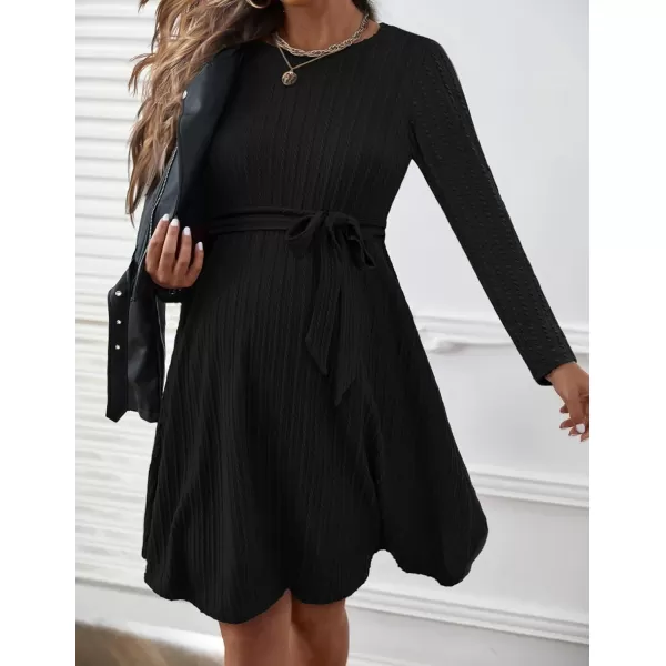 Ekouaer Womens Maternity Dress Rib Knit Long Sleeve Casual Pregnancy Dresses Crewneck Pregnancy Clothes with BeltBlack