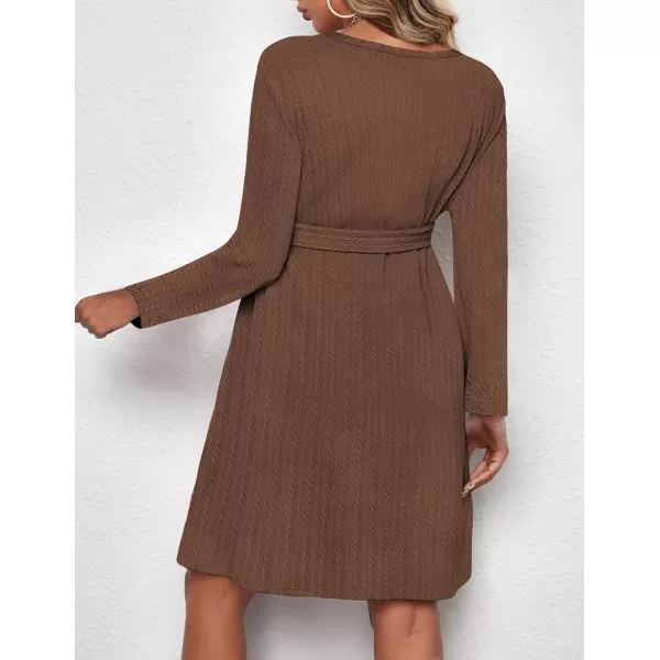 Ekouaer Womens Maternity Dress Rib Knit Long Sleeve Casual Pregnancy Dresses Crewneck Pregnancy Clothes with BeltBrown