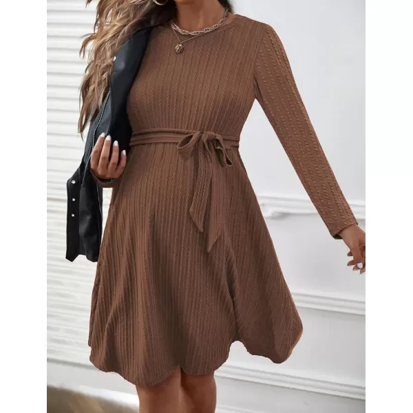 Ekouaer Womens Maternity Dress Rib Knit Long Sleeve Casual Pregnancy Dresses Crewneck Pregnancy Clothes with BeltBrown