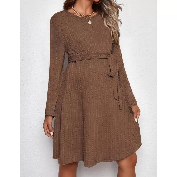 Ekouaer Womens Maternity Dress Rib Knit Long Sleeve Casual Pregnancy Dresses Crewneck Pregnancy Clothes with BeltBrown