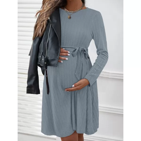 Ekouaer Womens Maternity Dress Rib Knit Long Sleeve Casual Pregnancy Dresses Crewneck Pregnancy Clothes with BeltDark Blue