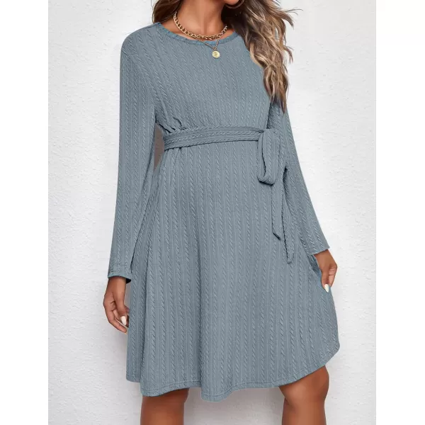 Ekouaer Womens Maternity Dress Rib Knit Long Sleeve Casual Pregnancy Dresses Crewneck Pregnancy Clothes with BeltDark Blue