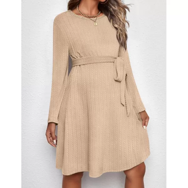 Ekouaer Womens Maternity Dress Rib Knit Long Sleeve Casual Pregnancy Dresses Crewneck Pregnancy Clothes with BeltKhaki