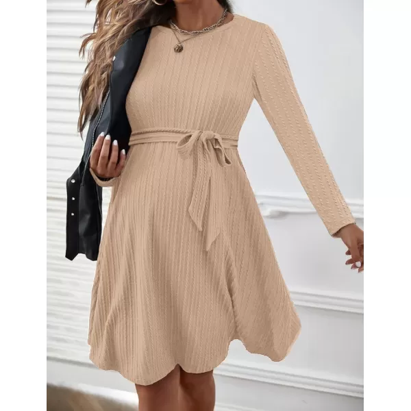 Ekouaer Womens Maternity Dress Rib Knit Long Sleeve Casual Pregnancy Dresses Crewneck Pregnancy Clothes with BeltKhaki