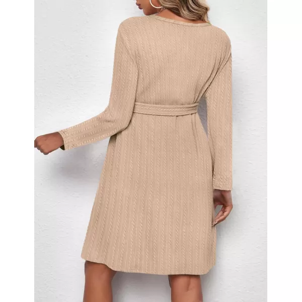 Ekouaer Womens Maternity Dress Rib Knit Long Sleeve Casual Pregnancy Dresses Crewneck Pregnancy Clothes with BeltKhaki