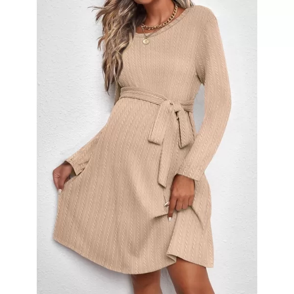 Ekouaer Womens Maternity Dress Rib Knit Long Sleeve Casual Pregnancy Dresses Crewneck Pregnancy Clothes with BeltKhaki