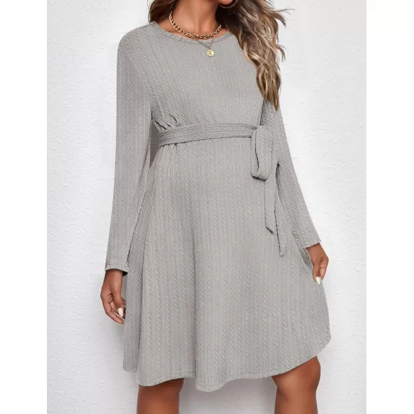 Ekouaer Womens Maternity Dress Rib Knit Long Sleeve Casual Pregnancy Dresses Crewneck Pregnancy Clothes with BeltLight Grey