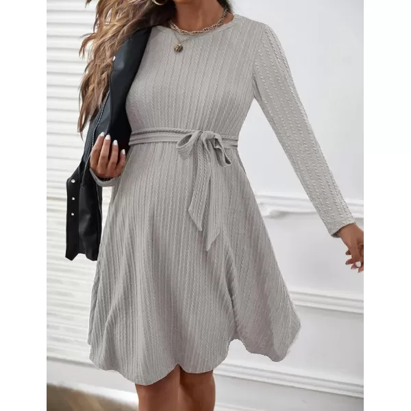 Ekouaer Womens Maternity Dress Rib Knit Long Sleeve Casual Pregnancy Dresses Crewneck Pregnancy Clothes with BeltLight Grey