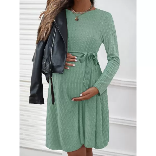 Ekouaer Womens Maternity Dress Rib Knit Long Sleeve Casual Pregnancy Dresses Crewneck Pregnancy Clothes with BeltMint Green