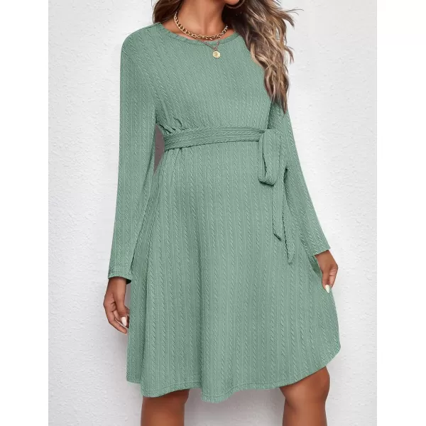 Ekouaer Womens Maternity Dress Rib Knit Long Sleeve Casual Pregnancy Dresses Crewneck Pregnancy Clothes with BeltMint Green