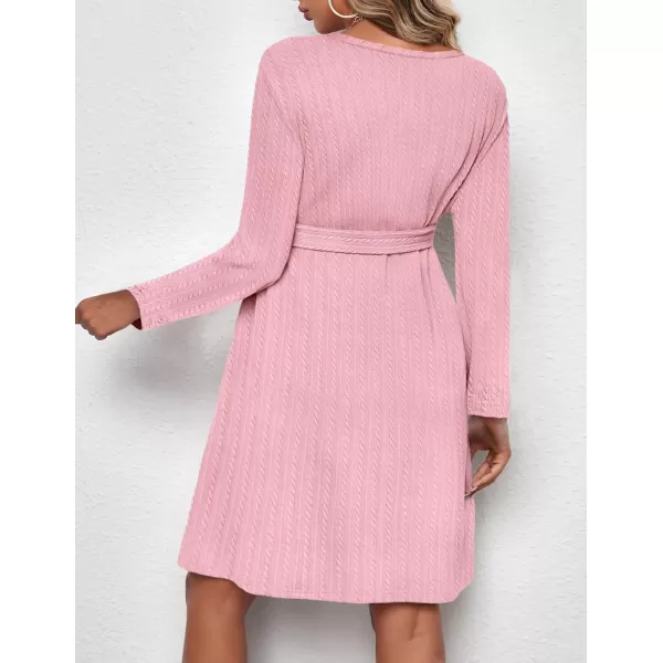 Ekouaer Womens Maternity Dress Rib Knit Long Sleeve Casual Pregnancy Dresses Crewneck Pregnancy Clothes with BeltPink