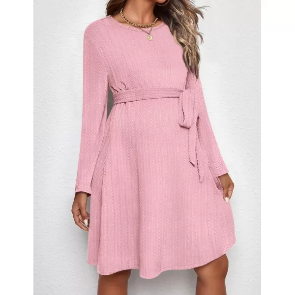 Ekouaer Womens Maternity Dress Rib Knit Long Sleeve Casual Pregnancy Dresses Crewneck Pregnancy Clothes with BeltPink