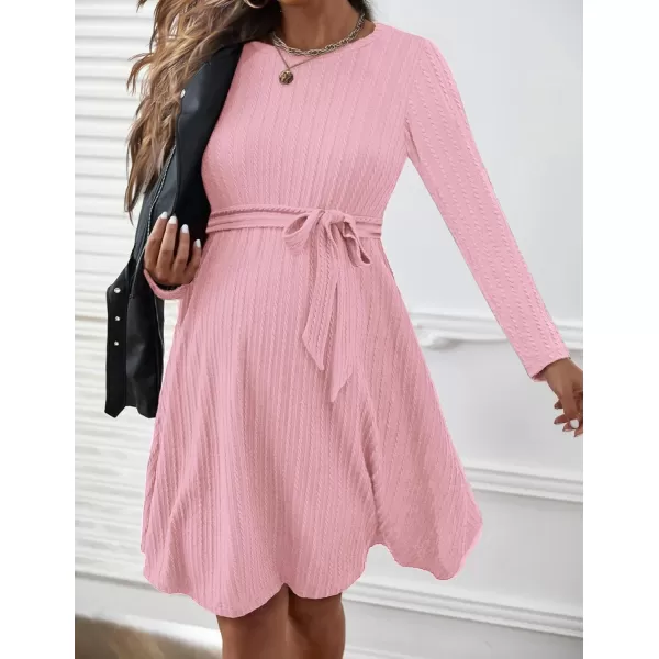 Ekouaer Womens Maternity Dress Rib Knit Long Sleeve Casual Pregnancy Dresses Crewneck Pregnancy Clothes with BeltPink