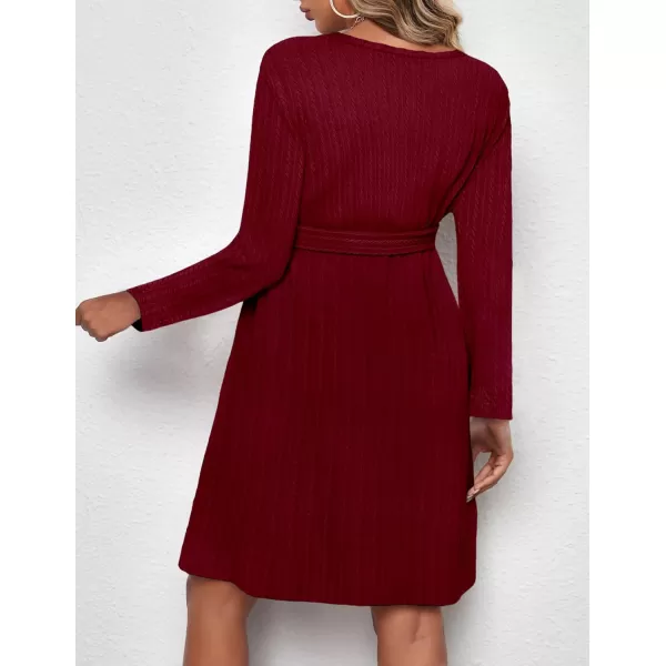 Ekouaer Womens Maternity Dress Rib Knit Long Sleeve Casual Pregnancy Dresses Crewneck Pregnancy Clothes with BeltWine Red