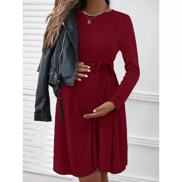 Ekouaer Womens Maternity Dress Rib Knit Long Sleeve Casual Pregnancy Dresses Crewneck Pregnancy Clothes with BeltWine Red