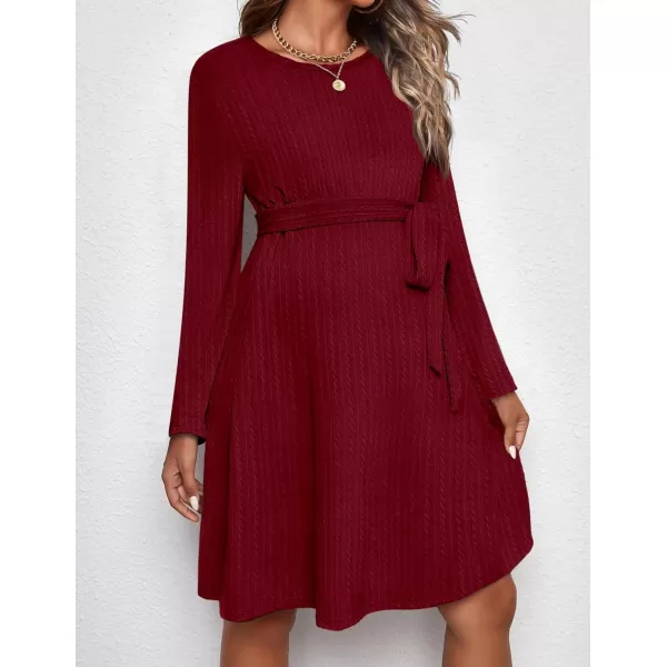 Ekouaer Womens Maternity Dress Rib Knit Long Sleeve Casual Pregnancy Dresses Crewneck Pregnancy Clothes with BeltWine Red